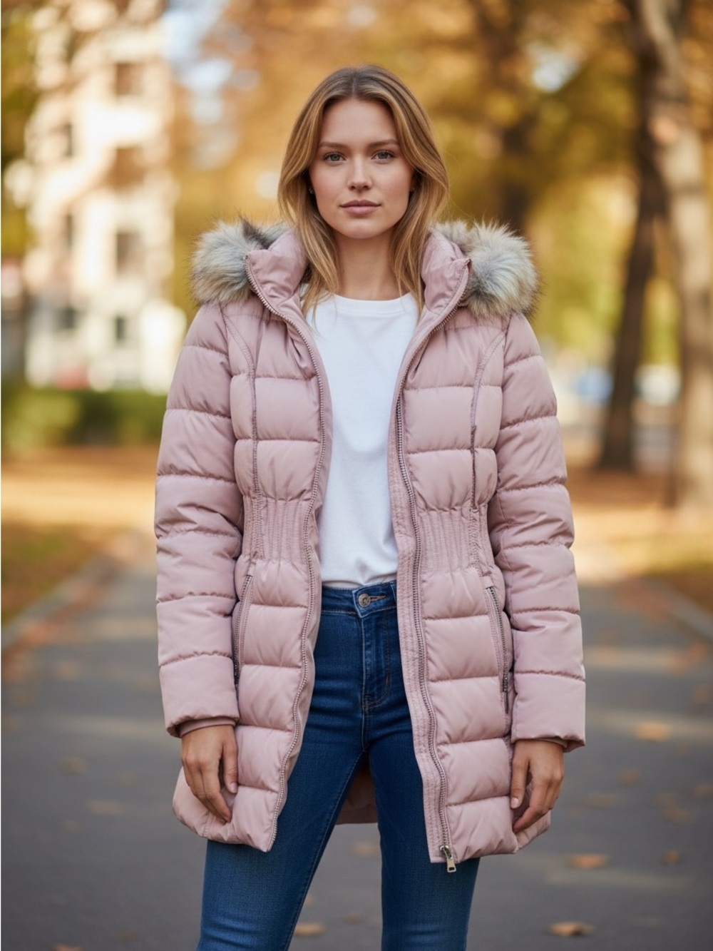 Laundry By Shelli Segal Blush Pink Puffer Coat with Faux Fur Hood